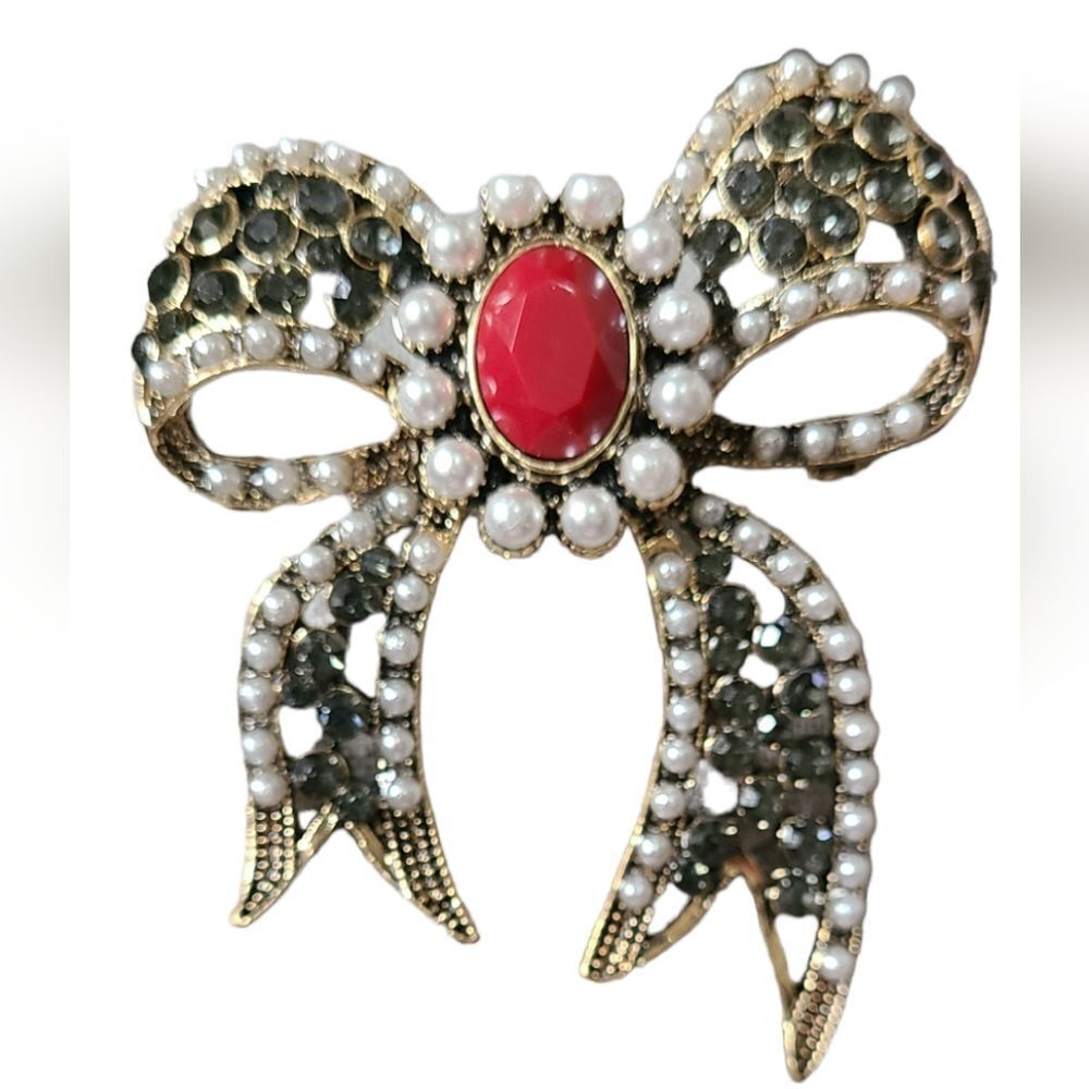 PARIS Brooch Maroon Red Stones with Pearls‎ Gold Metallic Filigree 2.5" … - Picture 5 of 8